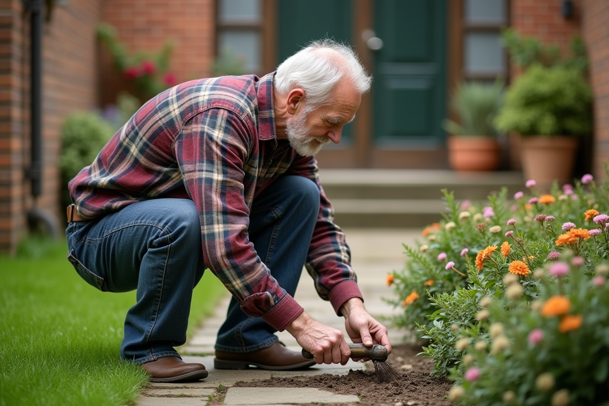 Homme âgé en flanelle en train de désherber dans un jardin urbain
