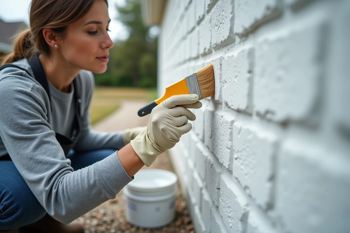 Femme appliquant une couche d'impression sur les joints d'un mur en parpaing extérieur avec une brosse large