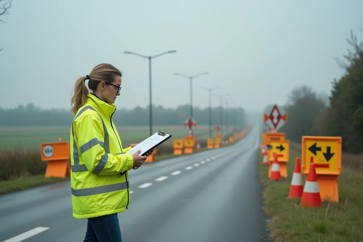 Responsable sécurité inspectant la conformité d'un dispositif de signalisation temporaire B34 sur route départementale en France