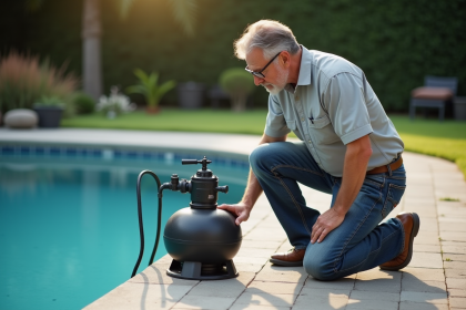Homme d'âge moyen inspectant un filtre de piscine extérieur