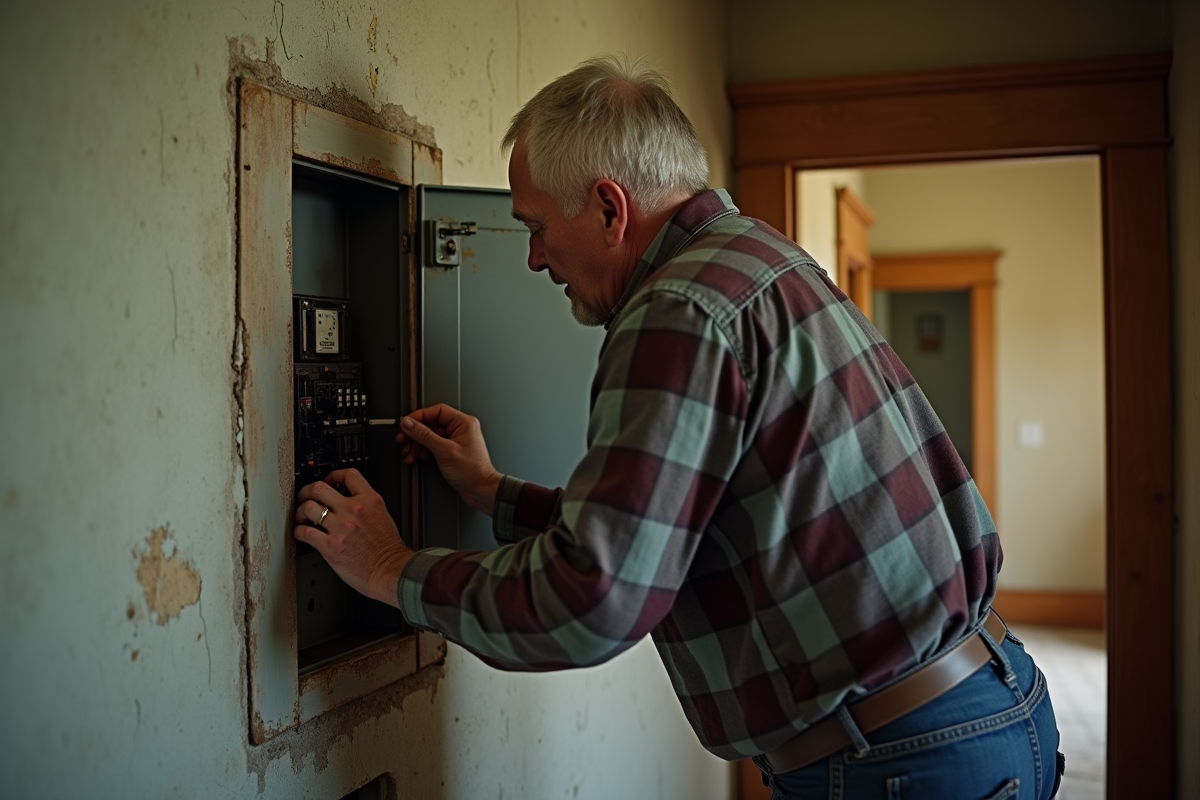Homme inspectant une vieille boîte à fusibles dans une maison ancienne