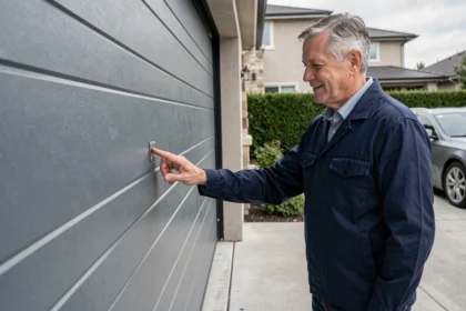 Homme inspectant une porte de garage sectionnelle Delpherm en acier brossé sur une maison contemporaine