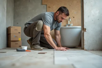 Installateur de carrelage au sol dans une salle de bain moderne