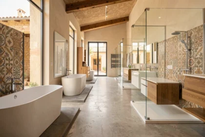 Showroom de salle de bain dans le Var avec plusieurs espaces d'exposition modernes présentant baignoires, douches et meubles vasques