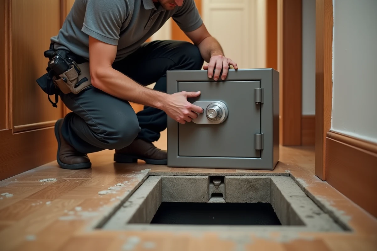 Installateur professionnel en train de sceller un coffre fort dans le sol en parquet d'un couloir résidentiel