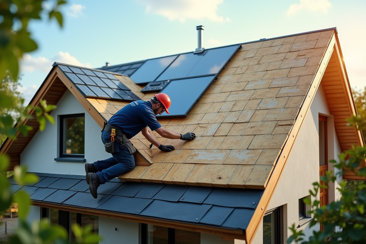 Professionnel installant l isolation du toit d une maison moderne