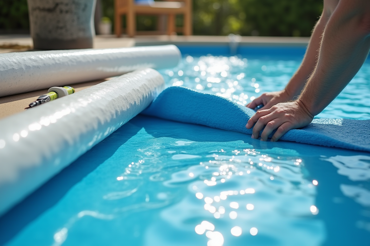 Mains installant un liner PVC texturé pour piscine