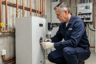 Technicien installant une pompe à chaleur hybride dans une chaufferie domestique