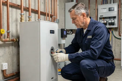Technicien installant une pompe à chaleur hybride dans une chaufferie domestique