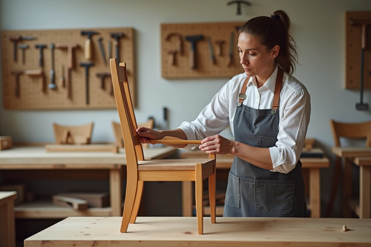 Instructrice en menuiserie démontrant la technique d'assemblage tenon et mortaise sur un cadre de chaise en atelier pédagogique