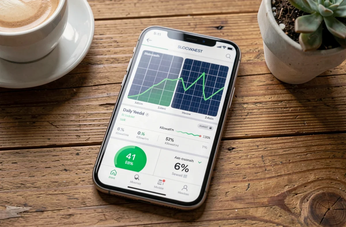 Écran de smartphone affichant une interface d'application de monitoring de panneaux solaires avec graphiques de production