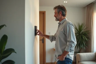 Homme appuyant sur un interrupteur sans fil dans un salon lumineux