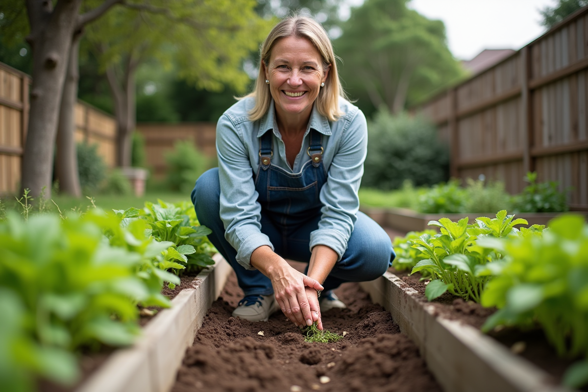 Femme d'âge moyen en vêtements de jardinage cultivant un potager