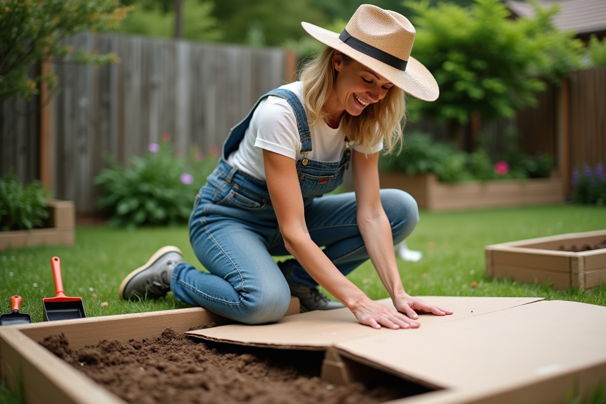 Femme en jardinage posant près d'une platebande en bois