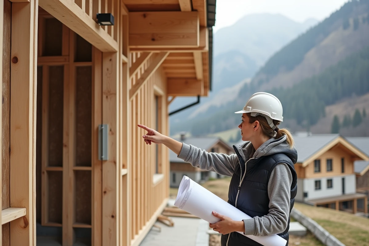 Jeune architecte pointant vers un chalet en construction