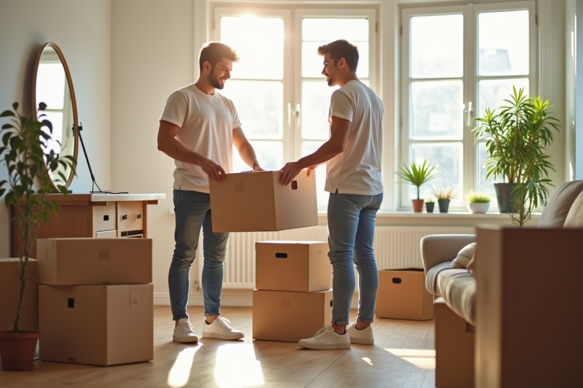 Jeune couple emballant des cartons dans un appartement lumineux
