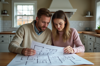 Jeune couple en planche à dessin de maison printemps
