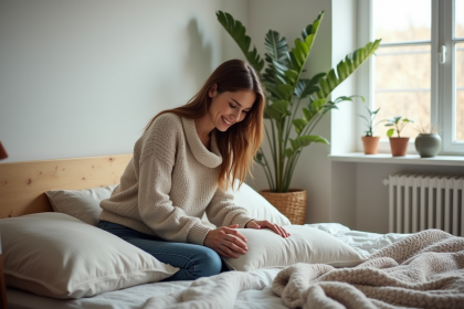 Jeune femme arrangeant des coussins dans une chambre lumineuse