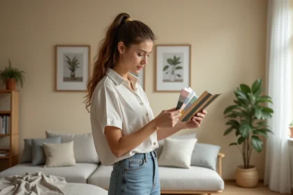 Jeune femme comparant des échantillons de couleur dans un intérieur moderne