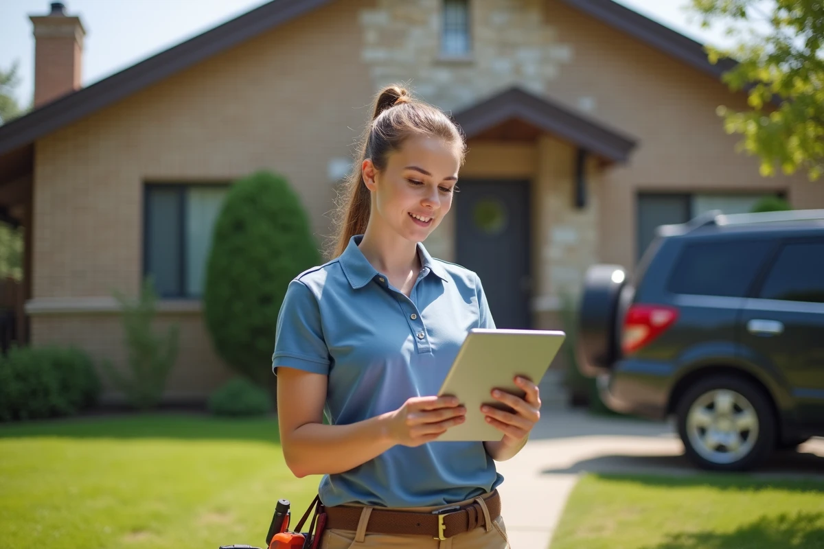 Jeune femme électricien consultant une tablette devant une maison
