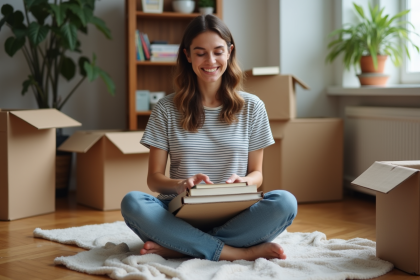 Jeune femme emballant des livres dans un appartement cosy