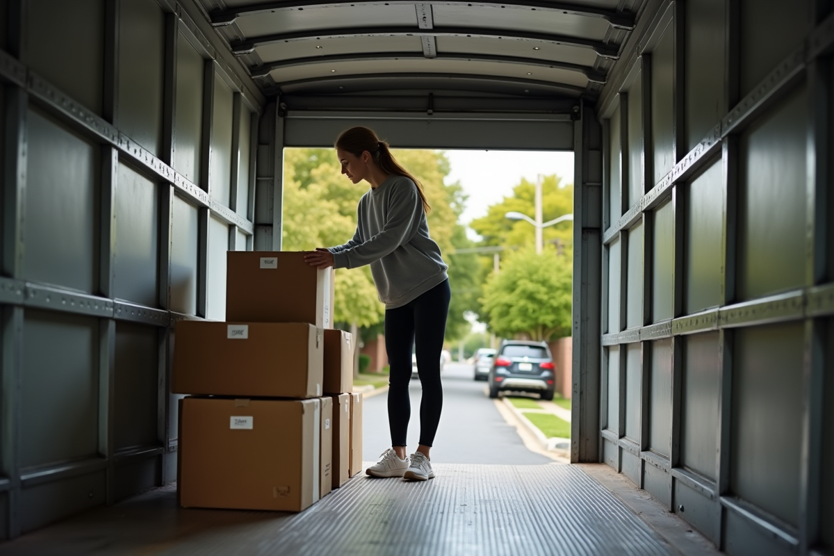 Jeune femme organisant des caisses dans un camion de déménagement intérieur