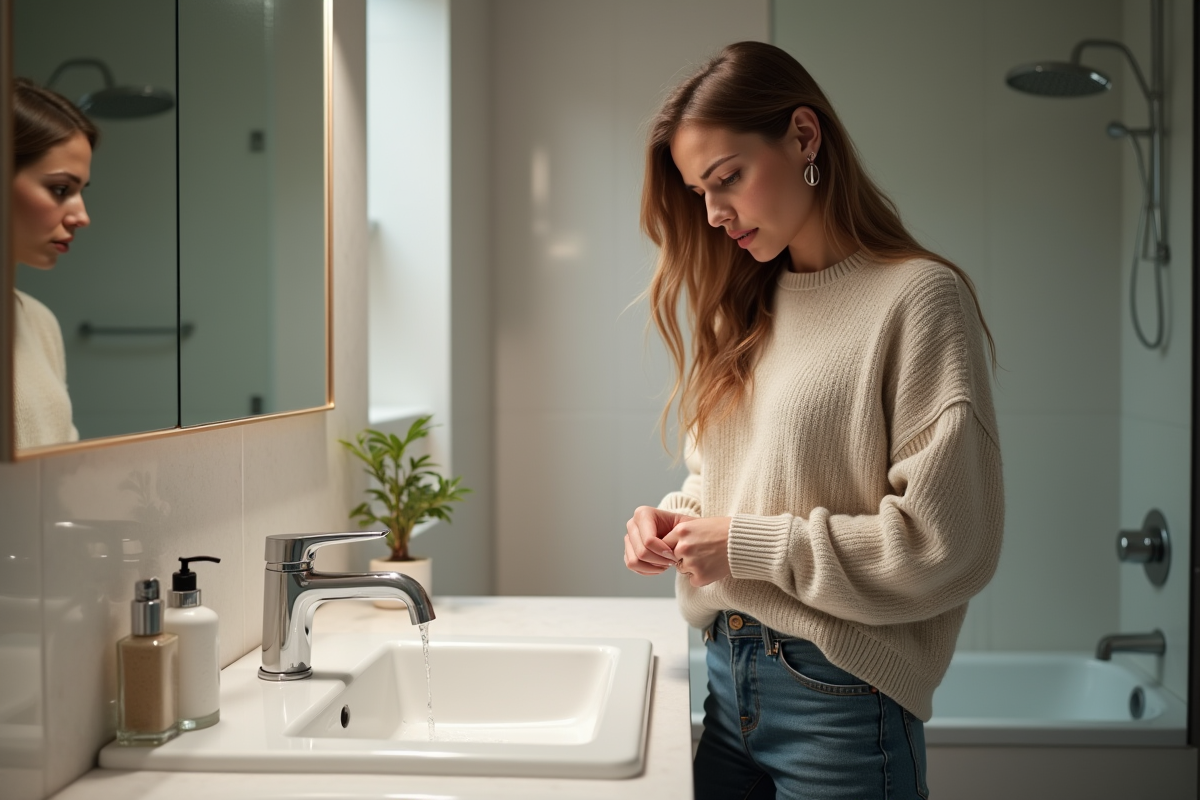 Jeune femme inspecte une fuite d