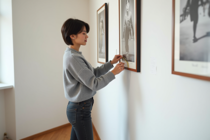 Jeune femme mesure un espace entre des œuvres d'art