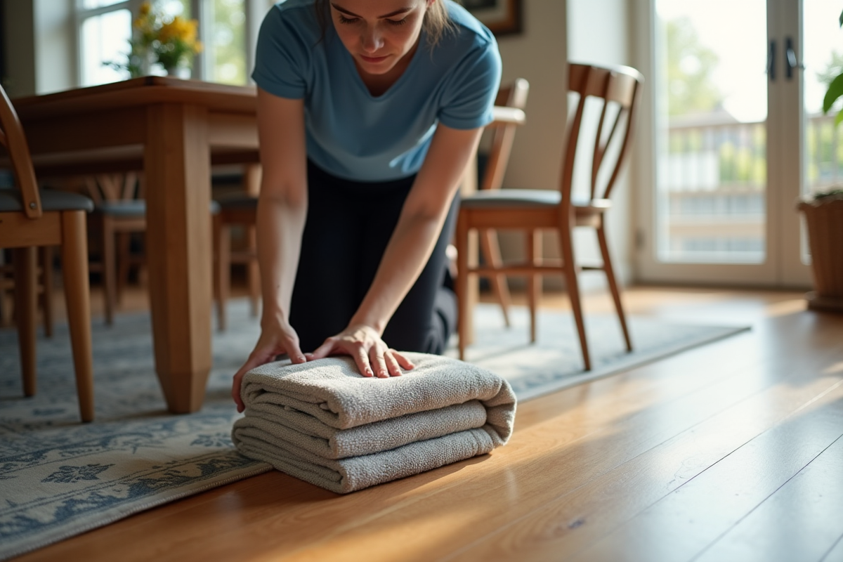 Jeune femme plaçant une serviette sous une table à manger pour la déplacer