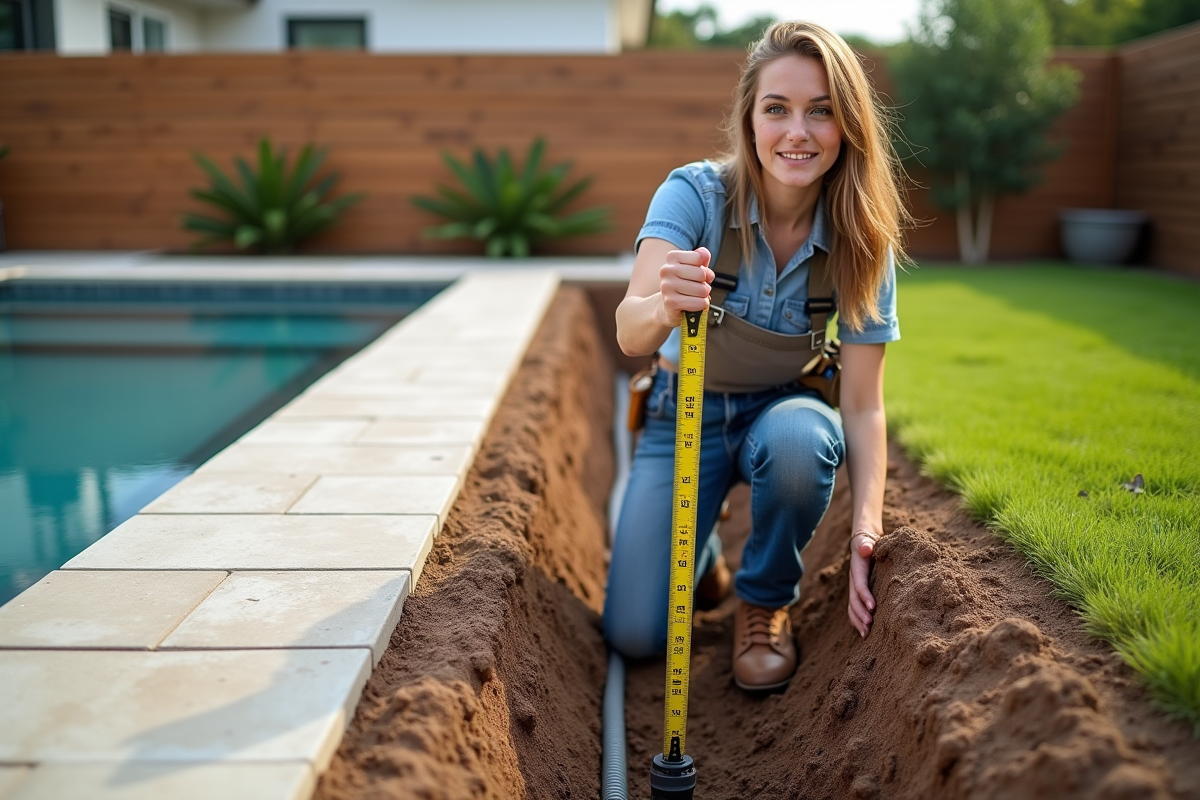 Jeune femme expliquant la profondeur du câble de piscine