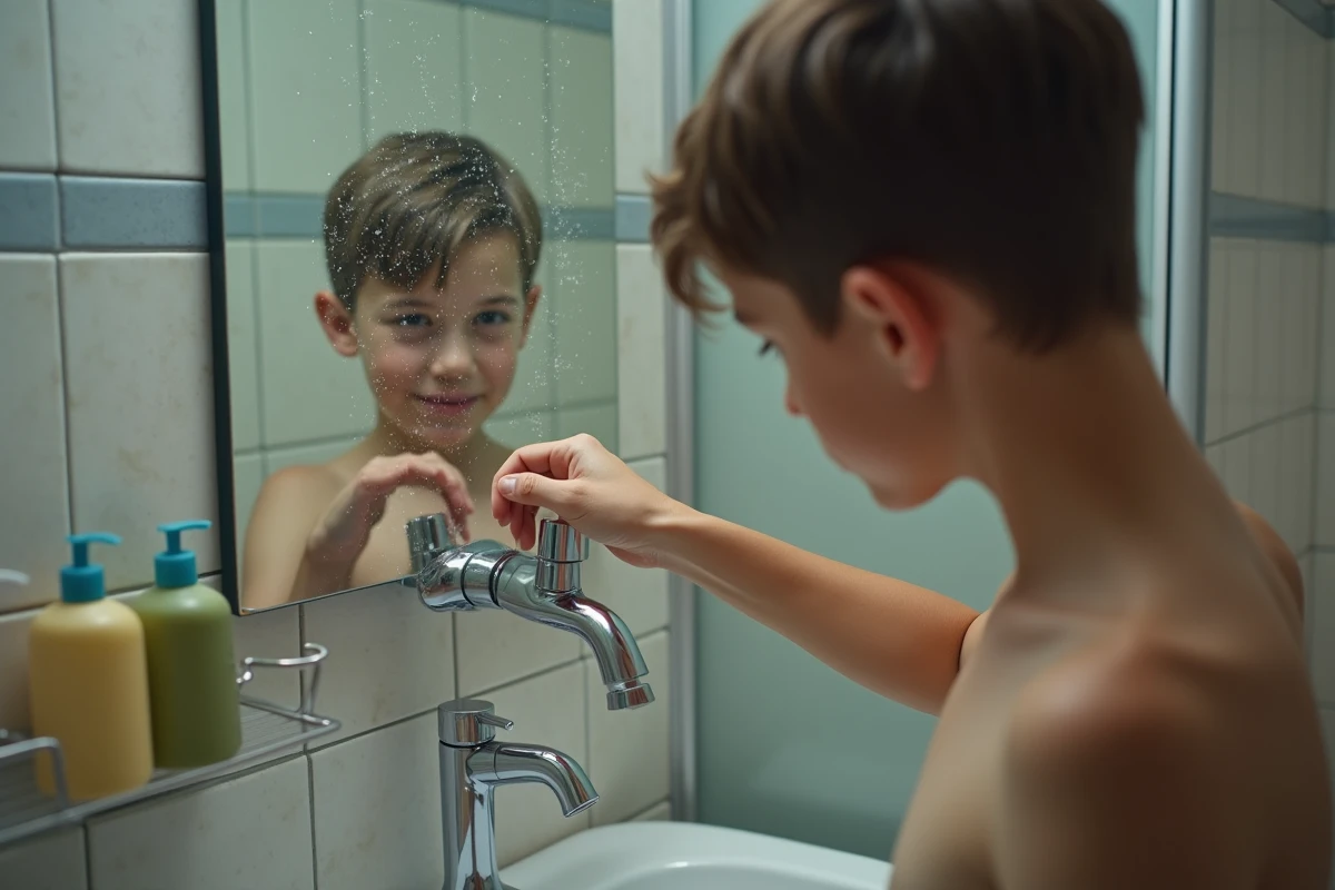 Un adolescent ferme le robinet de la douche avec des gouttes d