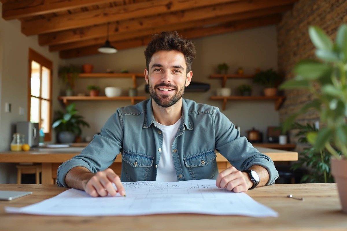 Jeune homme examine des plans dans une cuisine avec matériaux recyclés