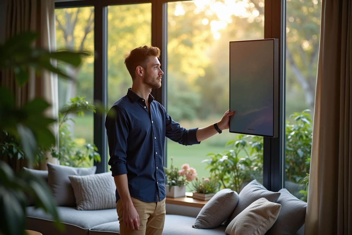 Jeune homme tenant un panneau de verre près d