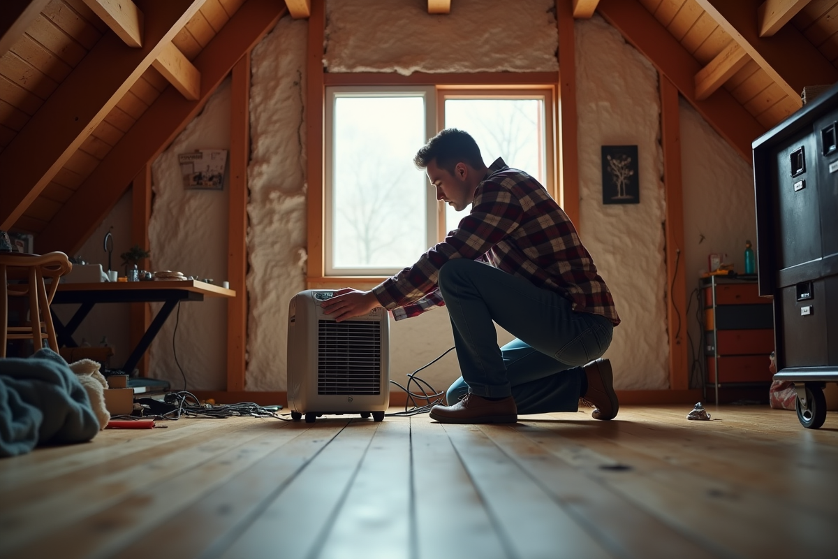 Jeune homme posant un chauffage dans un grenier