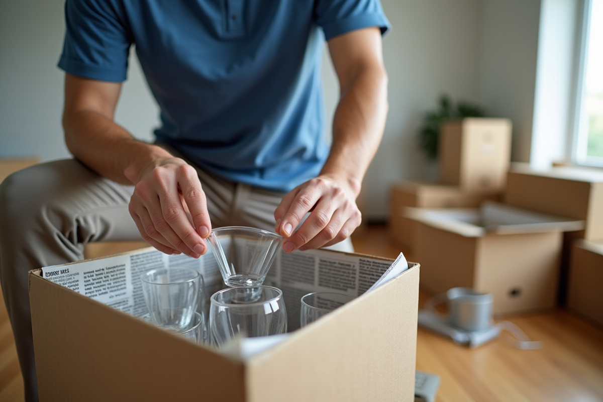 Jeune homme arrangeant des verres dans une boîte lors d’un déménagement