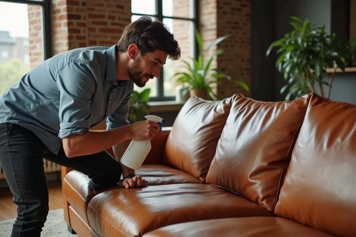 Jeune homme appliquant un nettoyant sur un canapé en cuir usé
