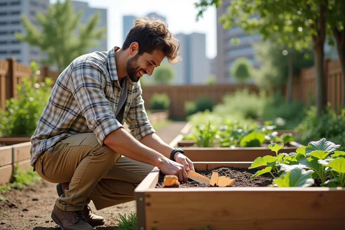 Jeune homme déchirant du carton dans un jardin communautaire