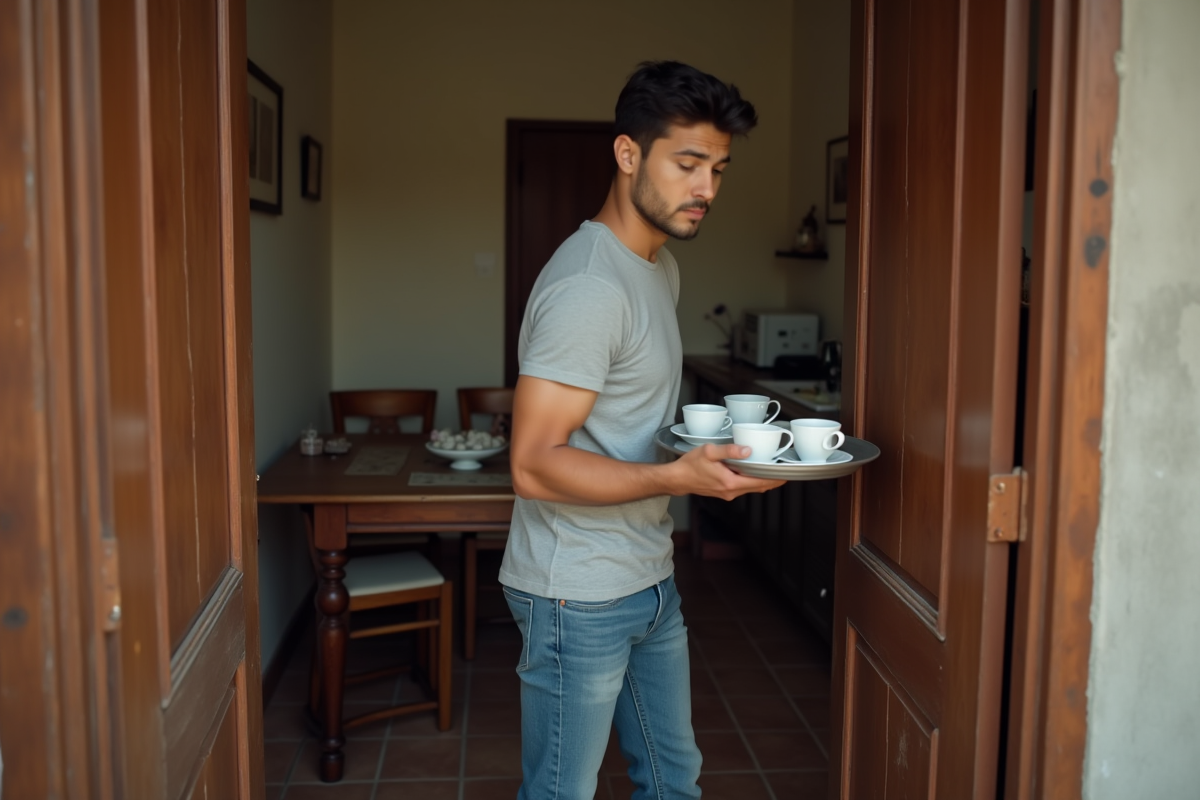 Jeune homme apportant des tasses de thé près de la porte d