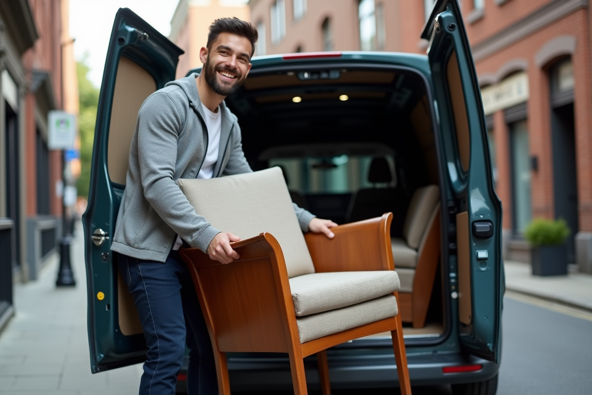 Jeune homme chargeant un fauteuil vintage dans une camionnette urbaine