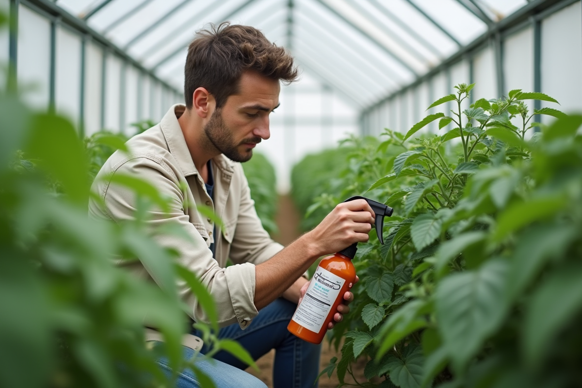Jeune homme inspectant feuilles de tomates dans une serre