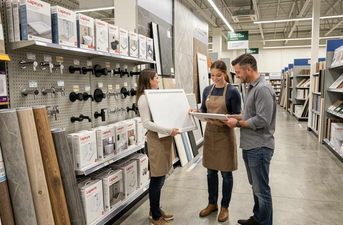 Conseillère Lapeyre aidant un client à choisir un receveur de douche dans le rayon salle de bain d'un magasin de bricolage