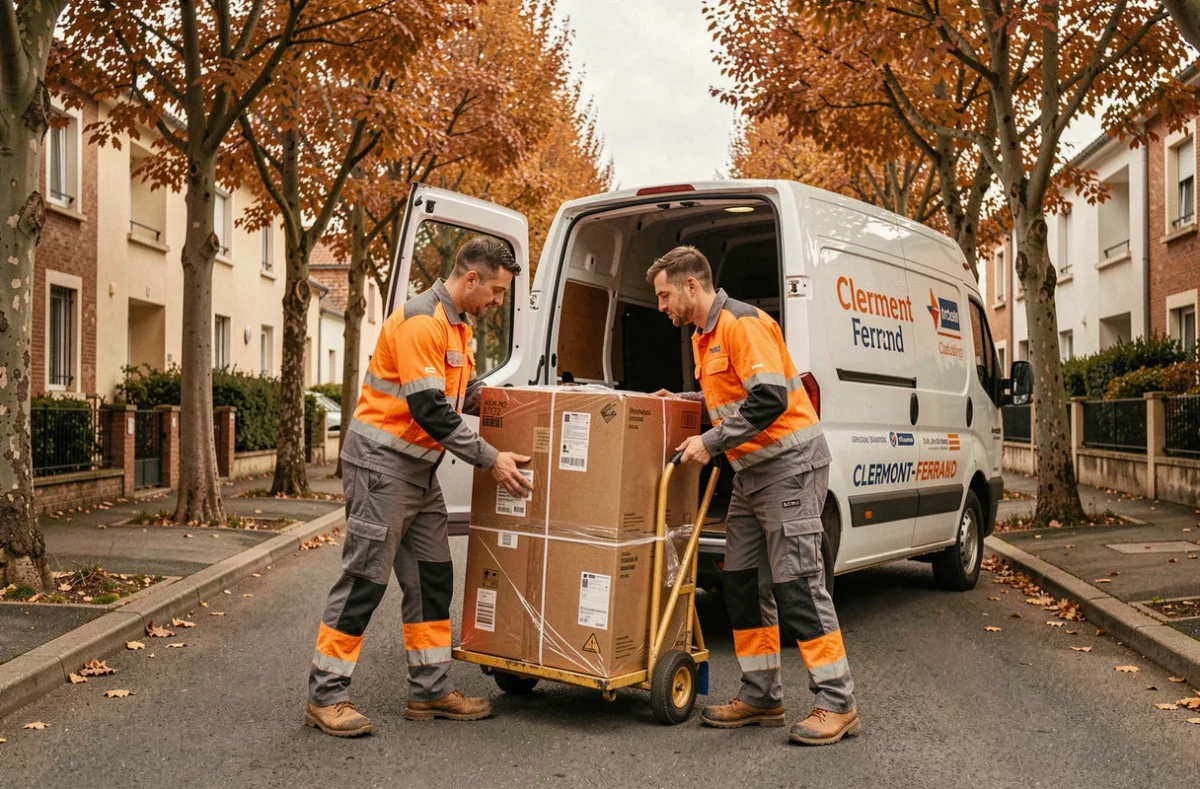 Deux techniciens déchargeant une pompe à chaleur d'un véhicule de service dans une rue résidentielle de Clermont-Ferrand