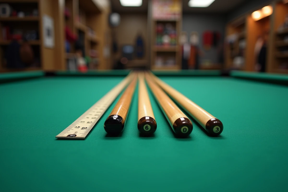 Gros plan de trois queues de billard américain de longueurs différentes posées sur le bord d'une table avec un mètre ruban pour illustrer les dimensions