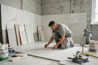Carreleur professionnel posant du carrelage dans une salle de bain en cours de rénovation en Gironde