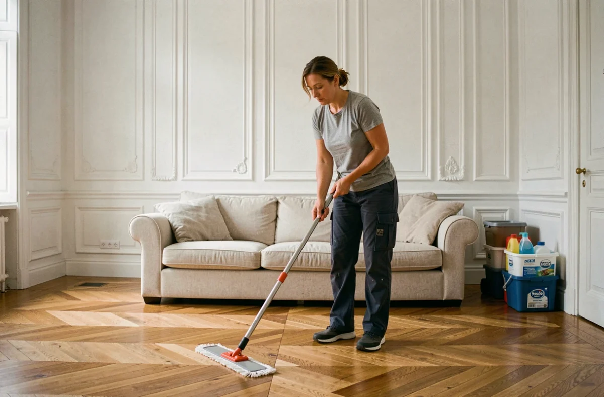 Professionnelle du ménage utilisant un balai plat sur un parquet en chevrons dans un salon haussmannien parisien