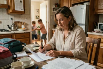 Mère de famille nombreuse consultant un document d'aide ménagère dans sa cuisine encombrée