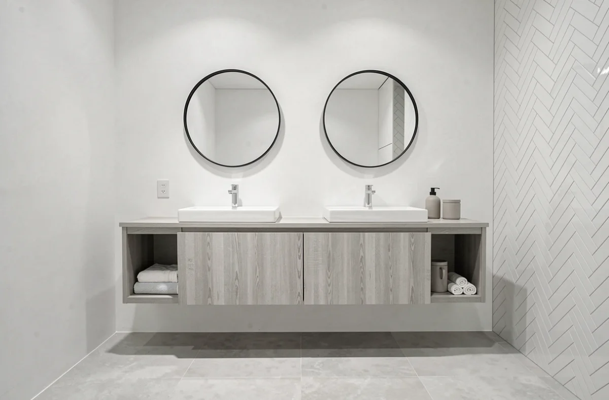 Double meuble vasque suspendu en bois gris clair de la gamme Mobalpa avec miroirs ronds à cadre noir et rangements ouverts