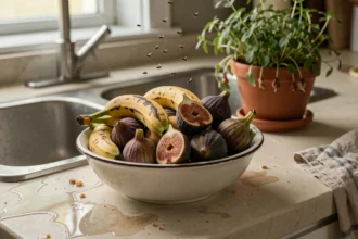 Moucherons attirés par des fruits trop mûrs posés sur un plan de travail de cuisine près de l'évier