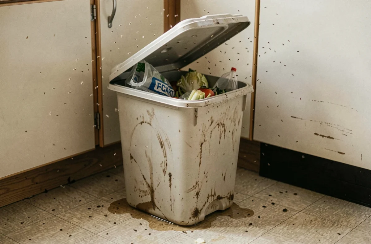 Nuage de moucherons autour d'une poubelle de cuisine mal fermée avec des déchets organiques