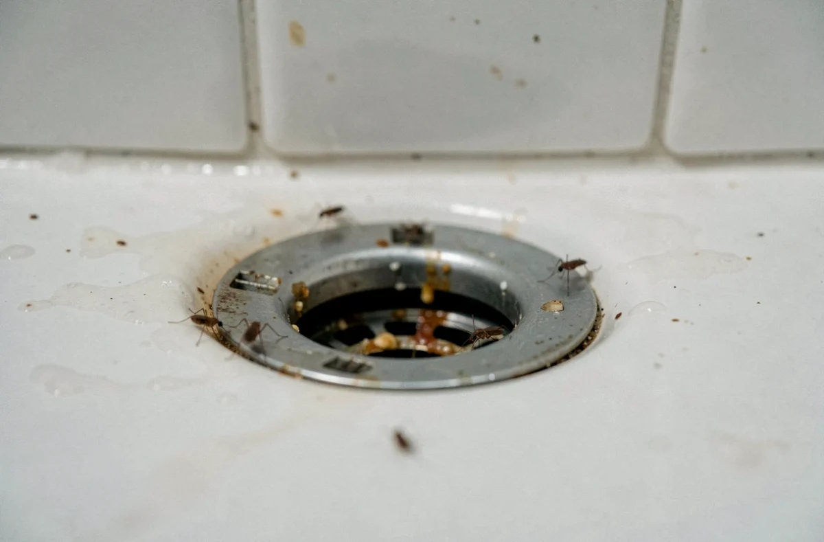 Moucherons et drosophiles rassemblés autour d'un siphon de lavabo encrassé dans une salle de bain